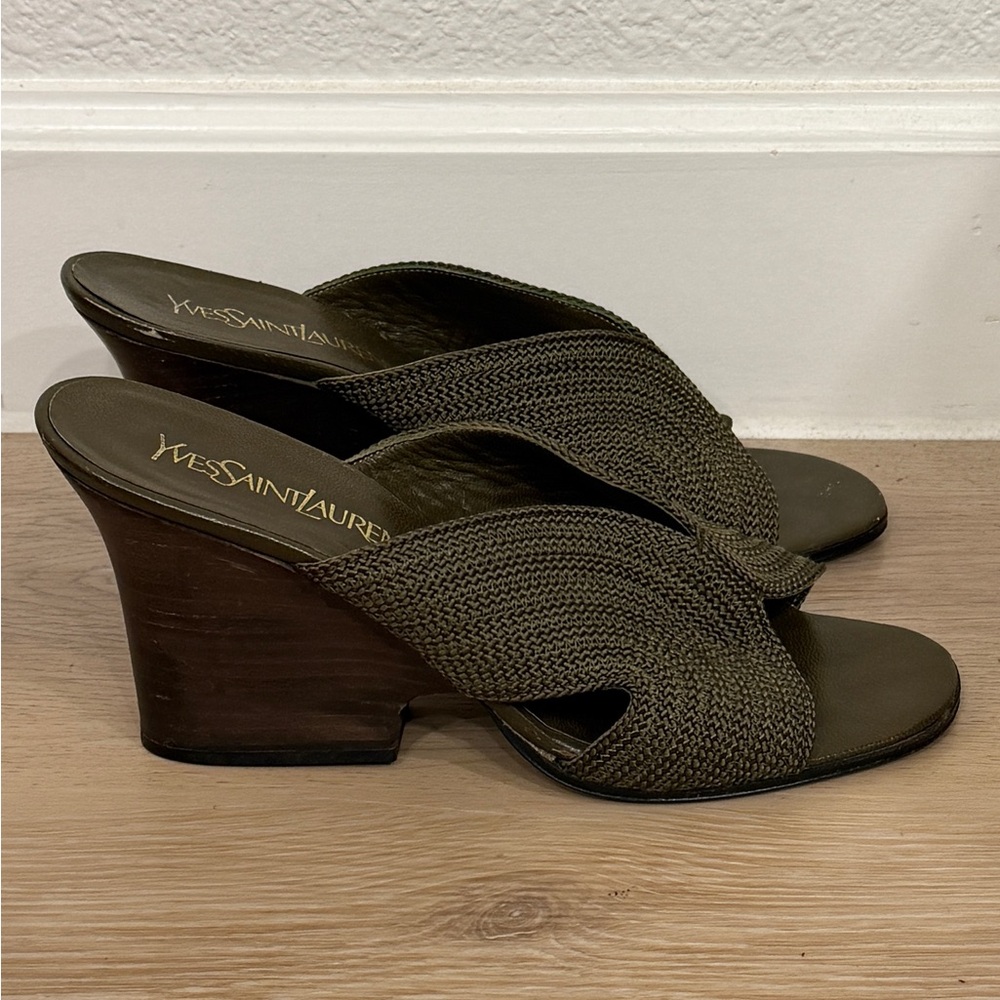 Yves Saint Laurent Olive Woven Mules - Picture 2 of 8
